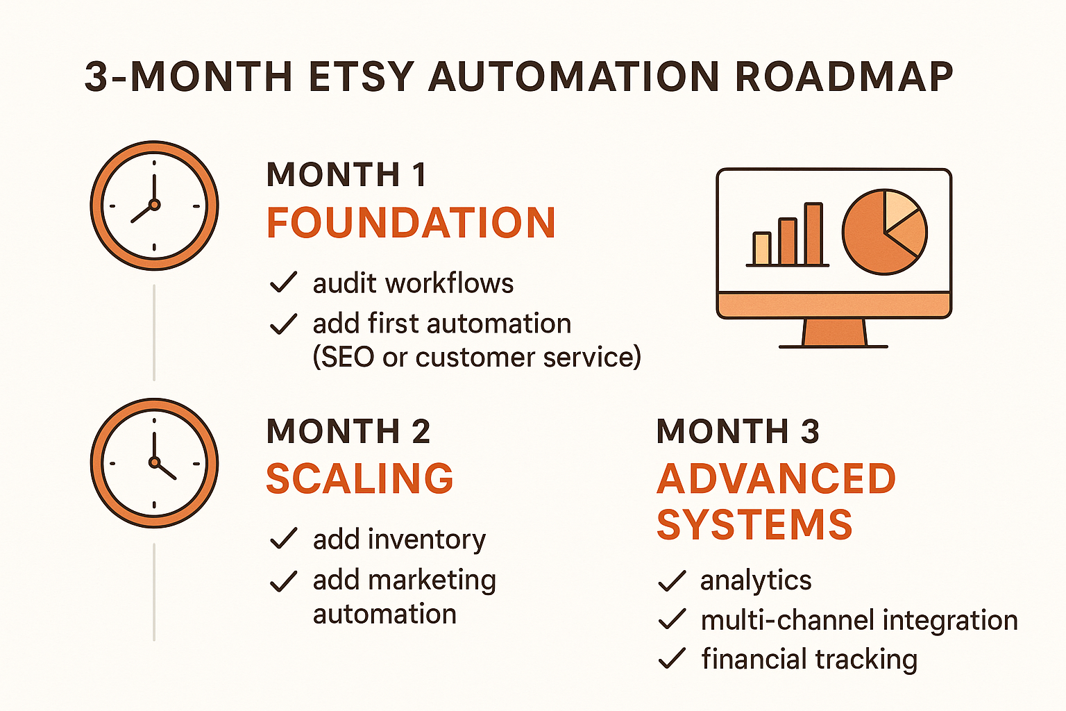 A 3-month Etsy automation roadmap showing a step-by-step growth strategy: Month 1 for Foundation, Month 2 for Scaling, and Month 3 for Advanced Systems and multi-channel integration.