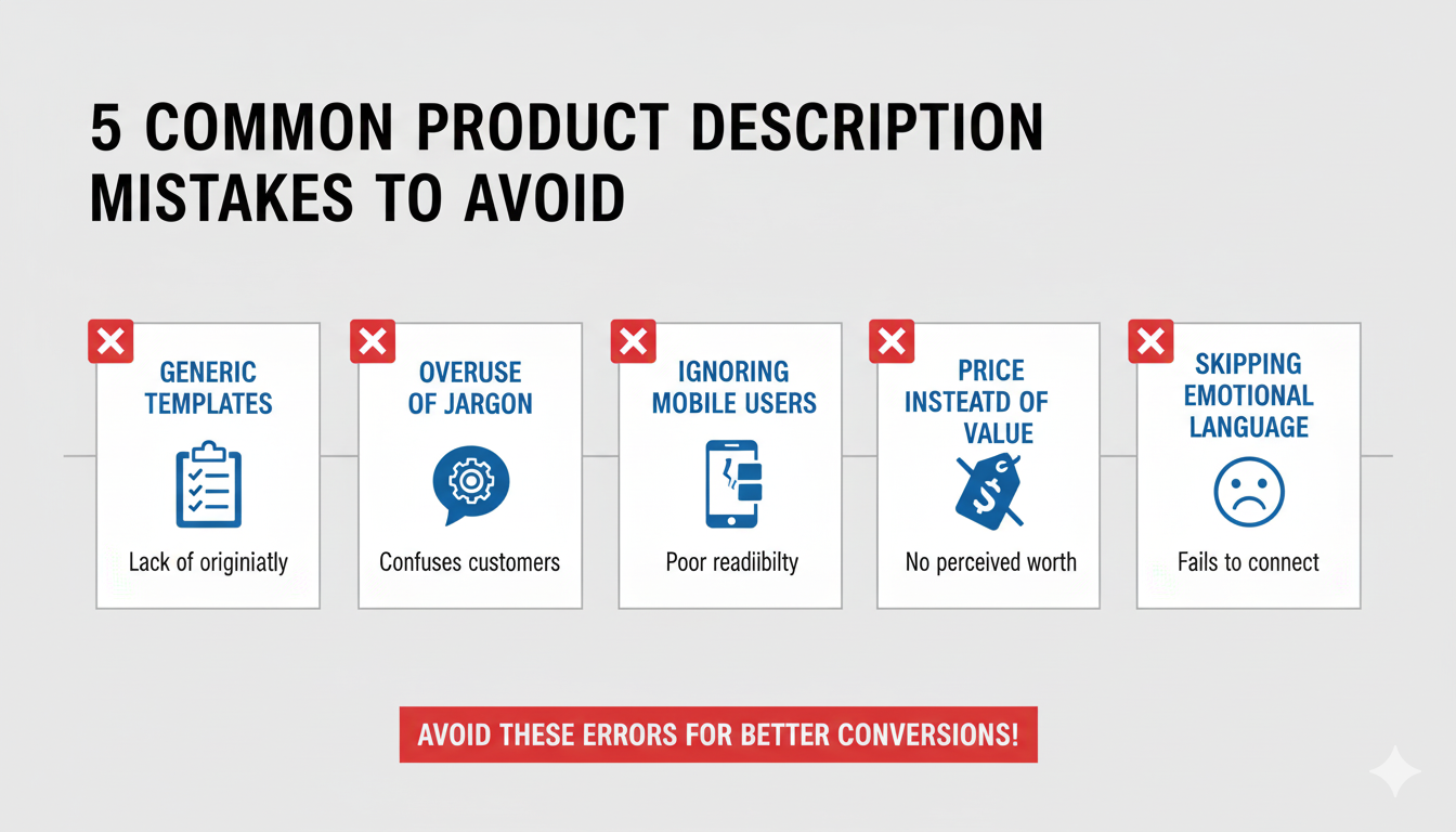  Infographic listing 5 common mistakes to avoid when writing product descriptions that sell, such as using generic templates and ignoring mobile users.