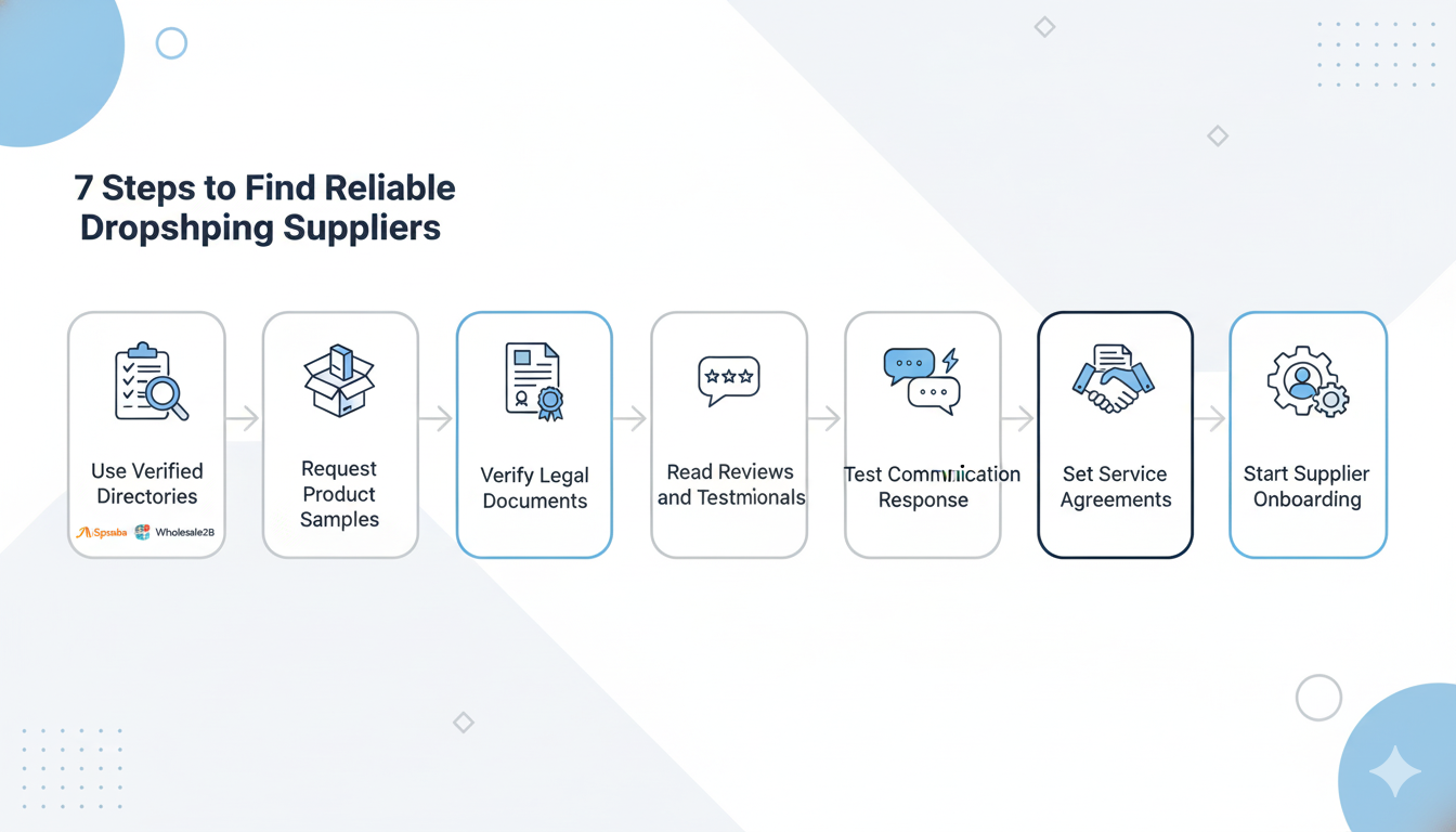 Infographic outlining 7 steps to find reliable dropshipping suppliers, from using verified directories like Spocket to requesting product samples and verifying legal documents.