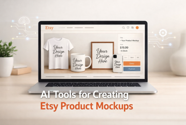 AI tools for creating Etsy product mockups displayed on a laptop with realistic product visuals
