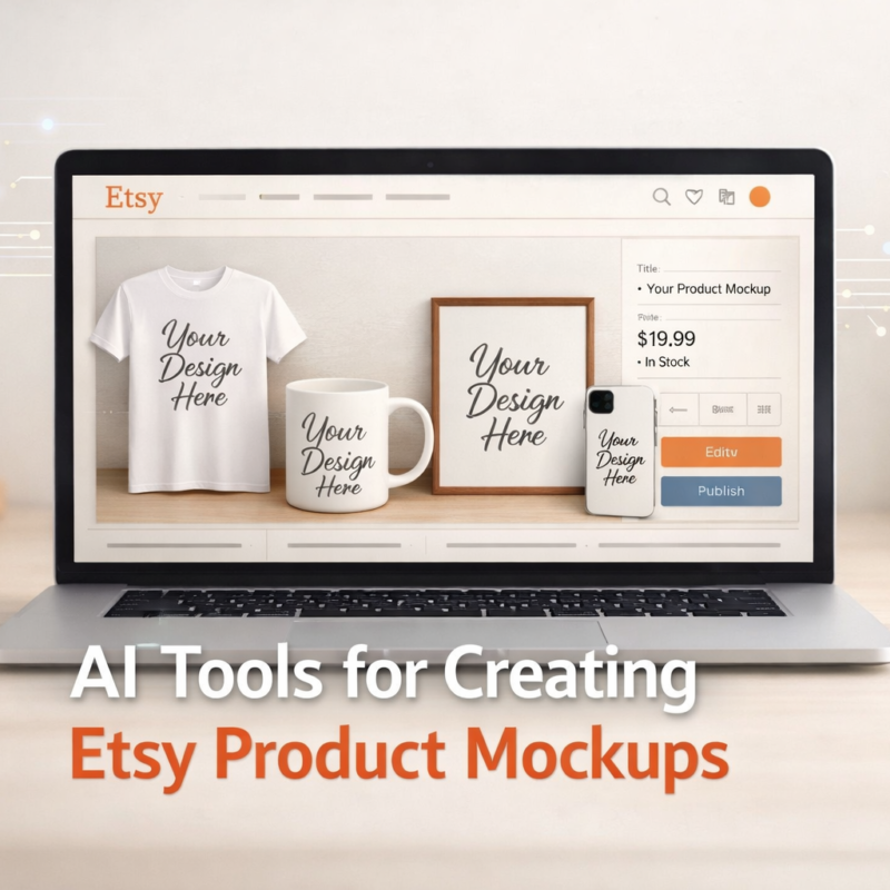 AI tools for creating Etsy product mockups displayed on a laptop with realistic product visuals