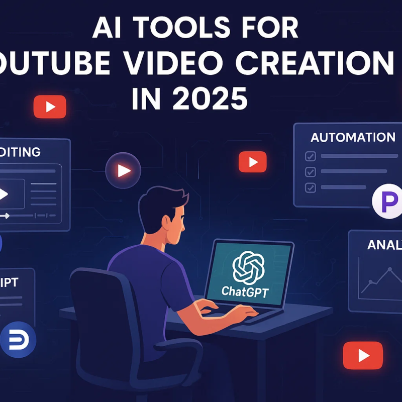 Illustration showing a creator using AI tools for YouTube video creation in 2025, highlighting ChatGPT, Descript, Canva, and automation tools.