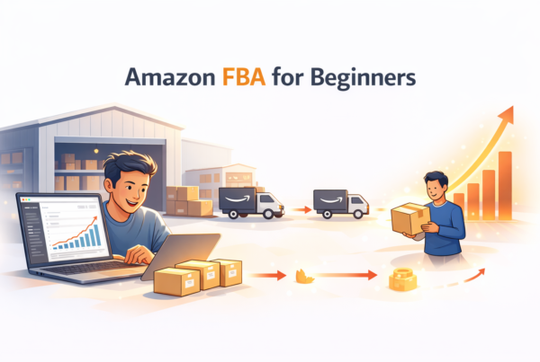 Amazon FBA for beginners 2026 guide illustration showing product sourcing warehouse shipping and ecommerce sales growth