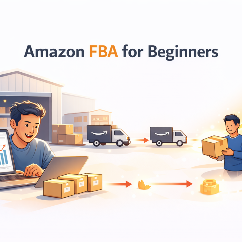 Amazon FBA for beginners 2026 guide illustration showing product sourcing warehouse shipping and ecommerce sales growth