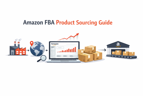 Amazon FBA product sourcing process showing suppliers, product research, and Amazon warehouse fulfillment.