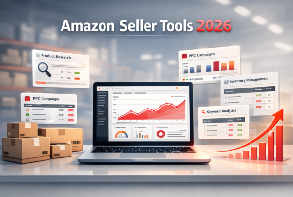 amazon seller tools dashboard illustration showing product research PPC automation inventory tracking and ecommerce growth in 2026