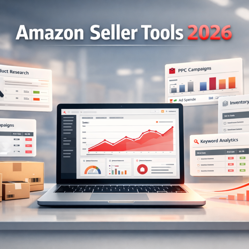 amazon seller tools dashboard illustration showing product research PPC automation inventory tracking and ecommerce growth in 2026