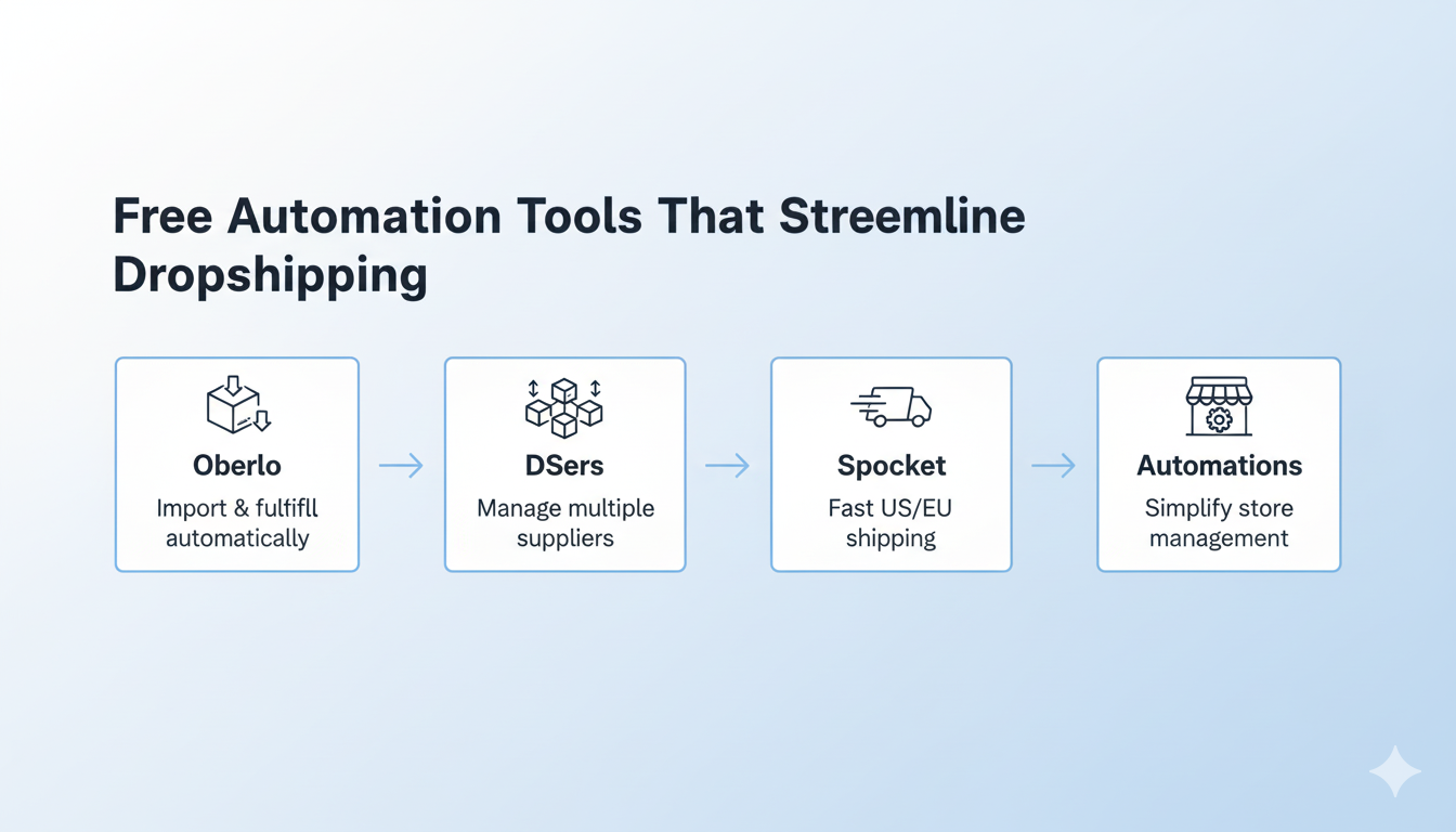 Process map of free automation tools that streamline dropshipping like Oberlo, DSers, and Spocket for beginner store owners.