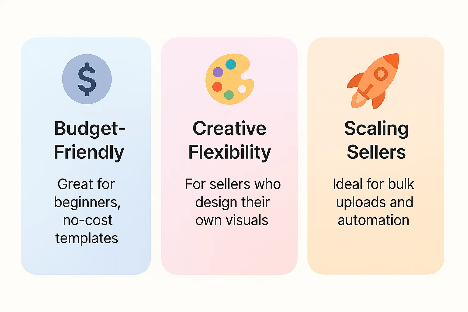 Comparison of Etsy mockup tools for different seller types: budget-friendly options for beginners, creative flexibility for designers, and scaling tools for bulk automation.