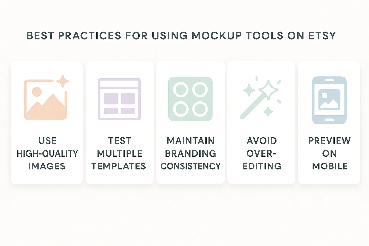 Infographic outlining best practices for using Etsy mockup tools, including tips on high-quality images, template testing, branding consistency, and mobile previews.