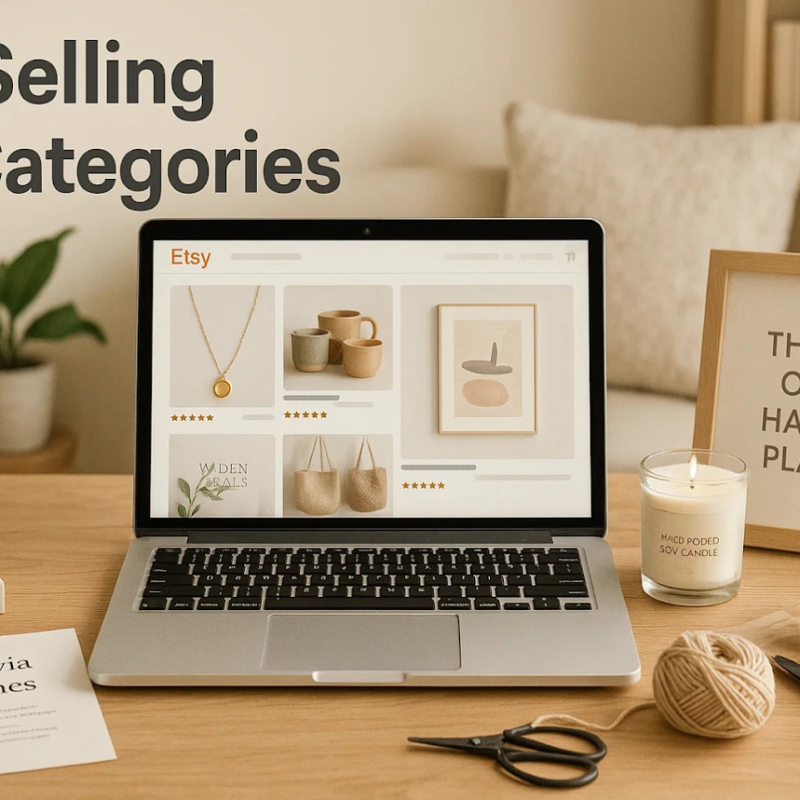 A laptop displaying an Etsy shop homepage surrounded by handmade items like jewelry, candles, and home decor. The text overlay reads "Best-Selling Etsy Categories 2025," illustrating top e-commerce trends and small business ideas for the upcoming year