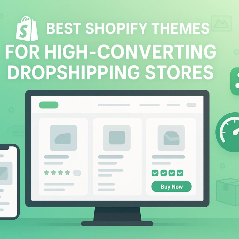 Illustration representing the best Shopify themes designed for high-converting dropshipping stores, featuring responsive mobile and desktop layouts.