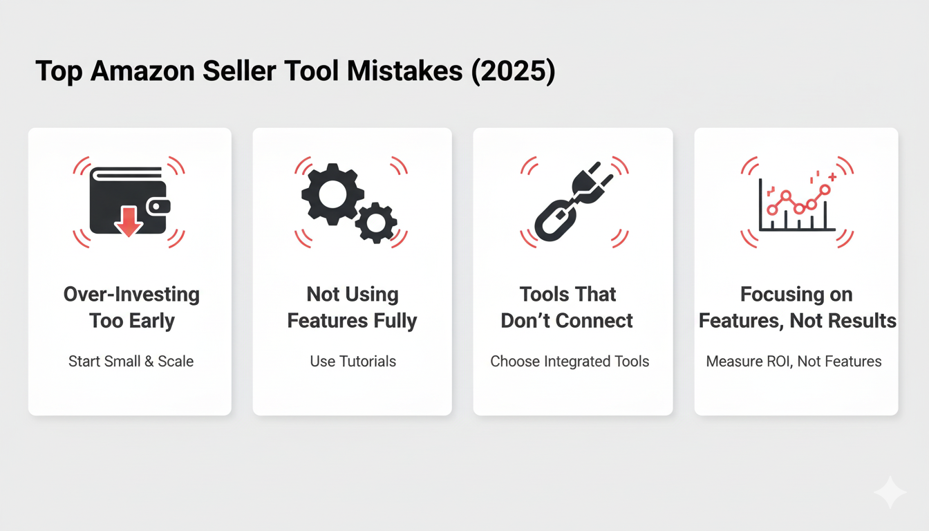 An infographic illustrating four common Amazon Seller Tool mistakes to avoid in 2025, including over-investing too early and failing to use features fully.