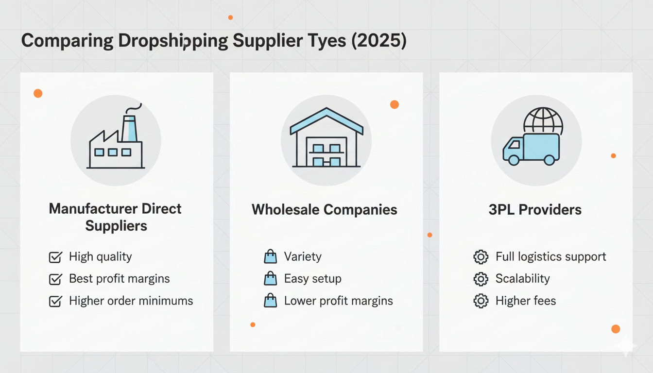  Chart comparing dropshipping supplier types for 2025, highlighting the differences in quality and margins between manufacturer direct suppliers, wholesale companies, and 3PL providers.