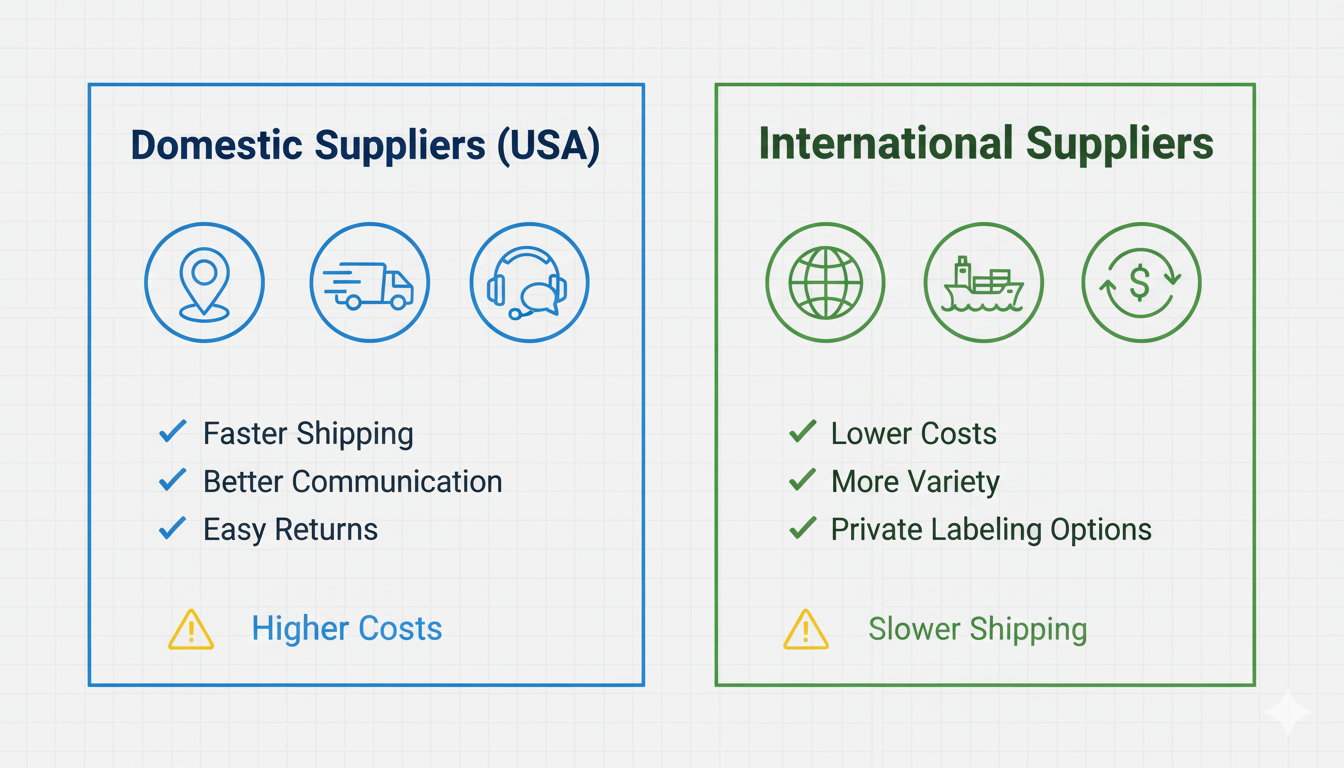 Comparison of Domestic USA suppliers versus International suppliers, listing pros and cons like shipping speed and costs to help you find reliable dropshipping suppliers.