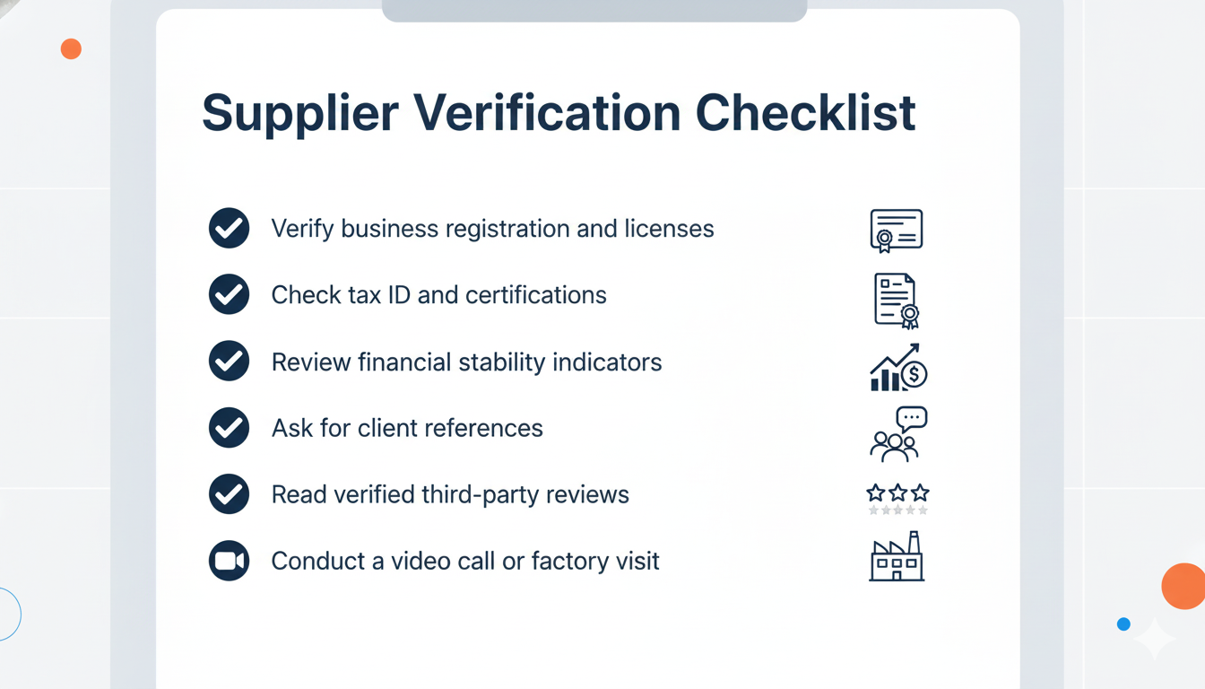  A supplier verification checklist to ensure you find reliable dropshipping suppliers, including steps like checking tax IDs, reviewing financial stability, and asking for client references.