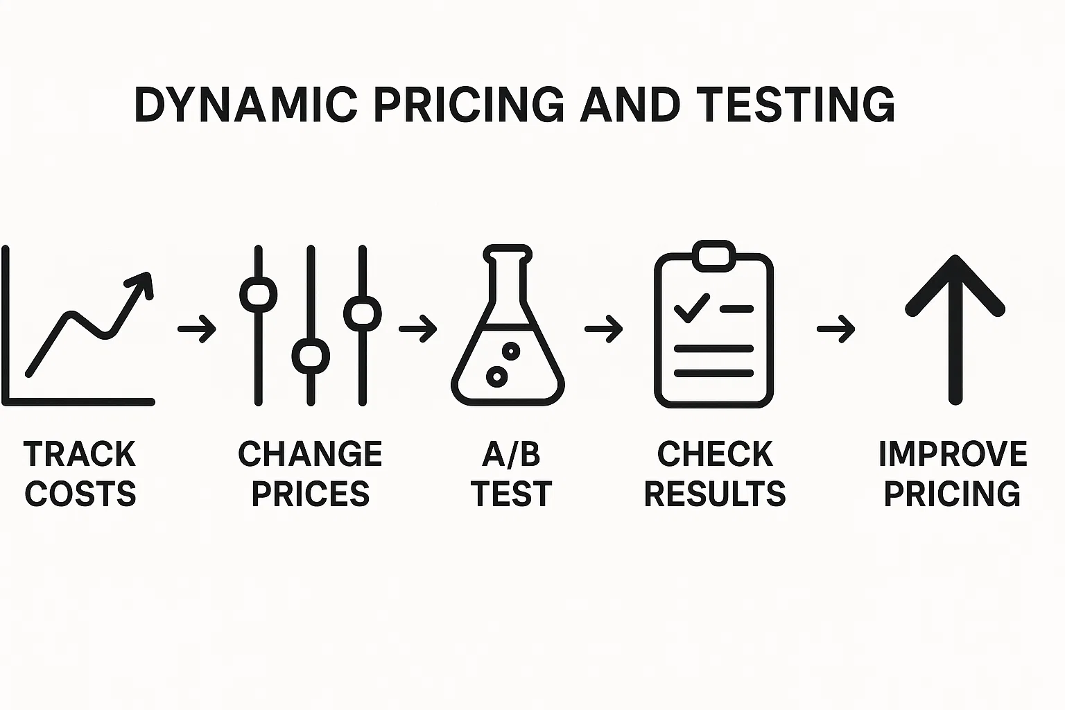  A flowchart illustrating dynamic dropshipping pricing strategies, showing steps to track costs, change prices, A/B test, and analyze results for improvement.