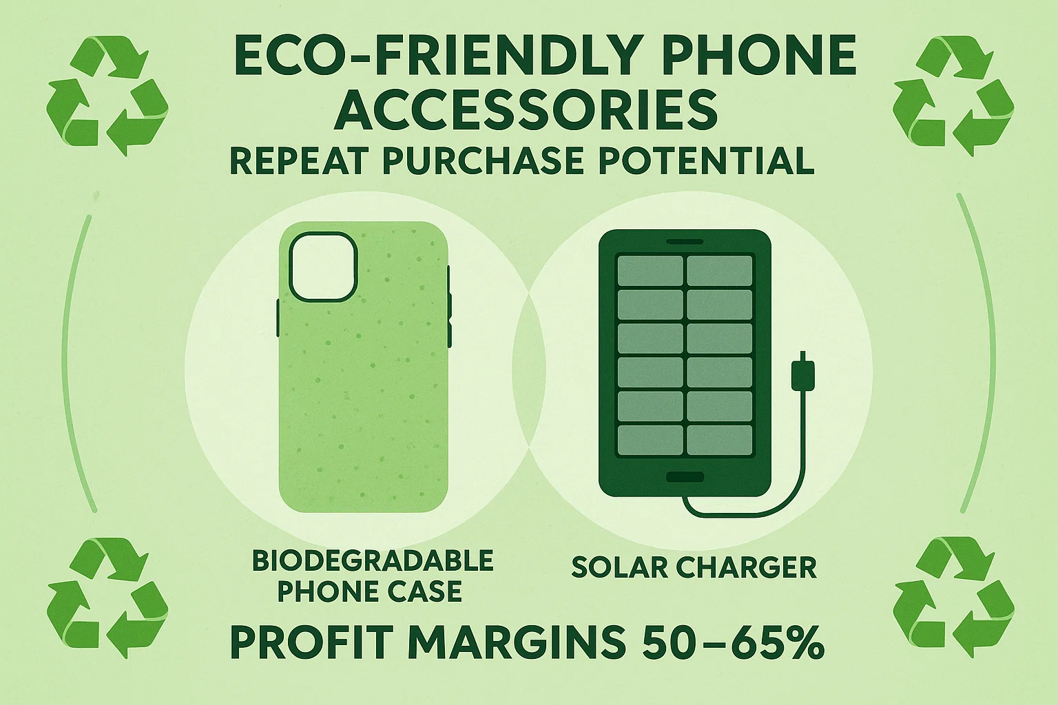 Infographic showing eco-friendly phone accessories like biodegradable cases and solar chargers as high-potential shopify dropshipping products with 50-65% profit margins.