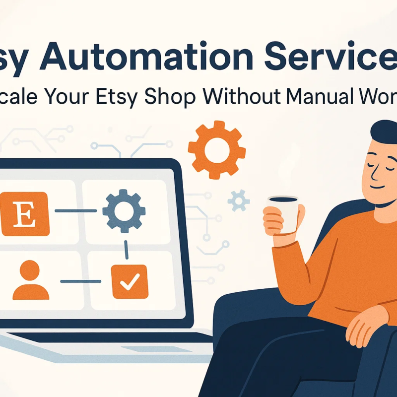 Etsy automation services to scale your shop without manual work. Image shows a seller relaxing while automated workflows manage listings, inventory, and customer support.