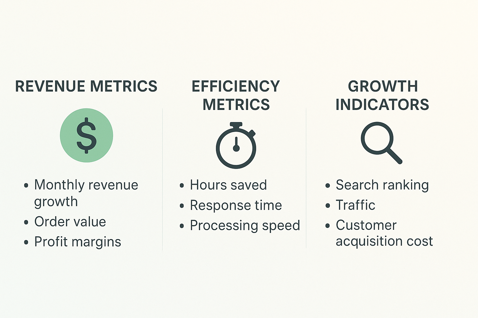 Infographic outlining key Etsy business metrics to track, including Revenue Metrics (profit margins), Efficiency Metrics (hours saved), and Growth Indicators (search ranking and traffic).