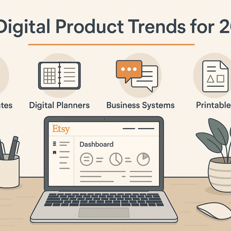 Etsy digital products trends for 2025 featuring AI templates, digital planners, and printables shown with an Etsy shop dashboard illustration.