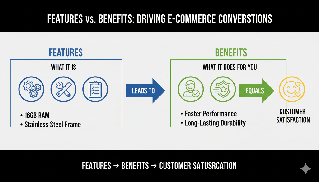  A diagram showing how to turn features into benefits to create product descriptions that sell and drive e-commerce conversions.