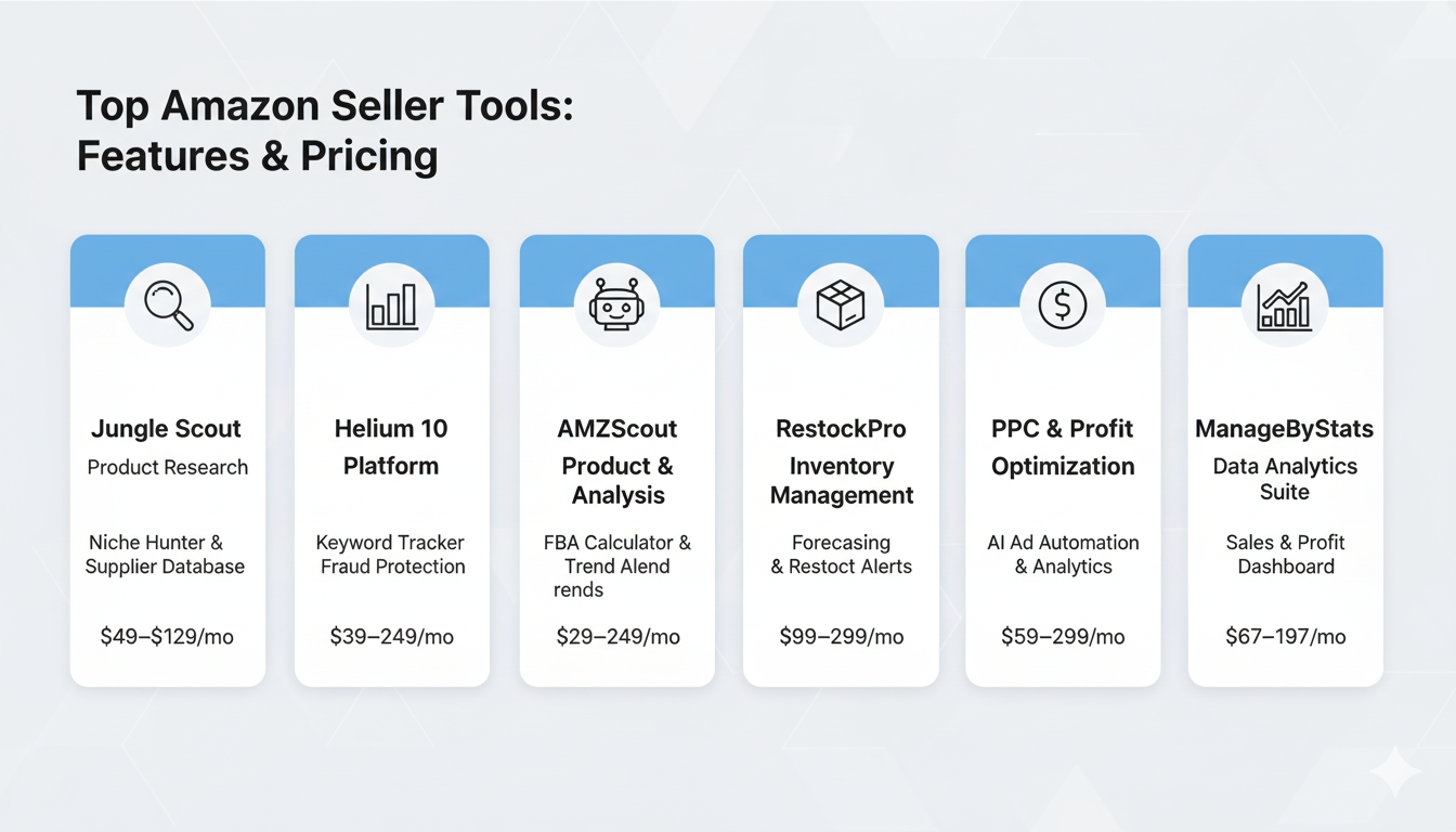 A comparison chart of Amazon’s free internal tools like Brand Analytics versus third-party Amazon Seller Tools like Helium 10 and Keepa.