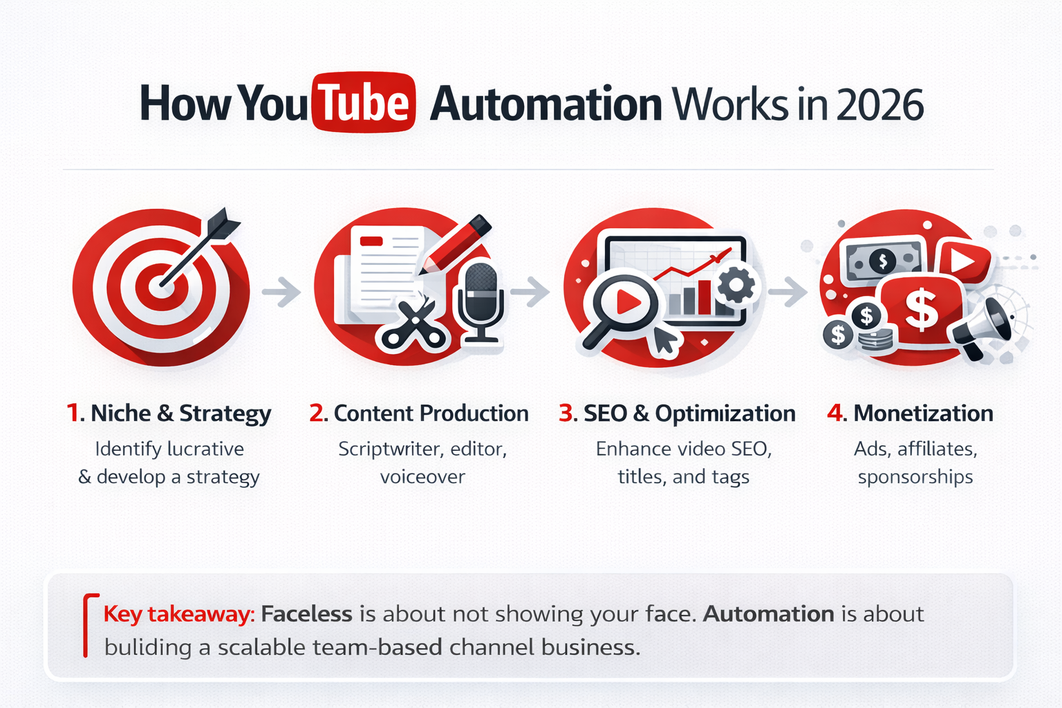Infographic explaining how YouTube automation works in 2026 with four-step process