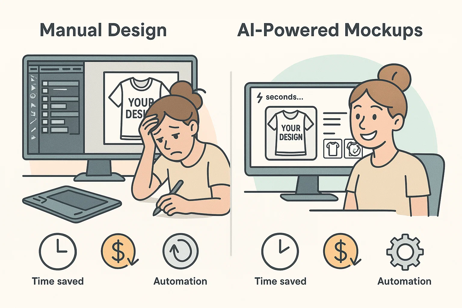 A comparison showing the benefits of AI-powered Etsy mockup tools versus manual design, highlighting faster turnaround times, lower costs, and automation.