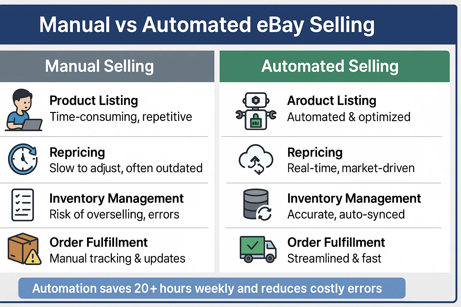 A table comparing manual vs automated eBay selling, showing how ebay automation streamlines product listings, repricing, and inventory management.