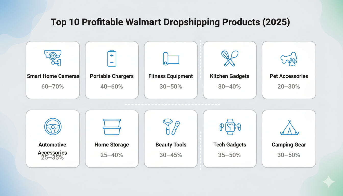 Chart listing the top 10 profitable walmart dropshipping products for 2025, including home cameras, pet accessories, and camping gear with profit margin percentages