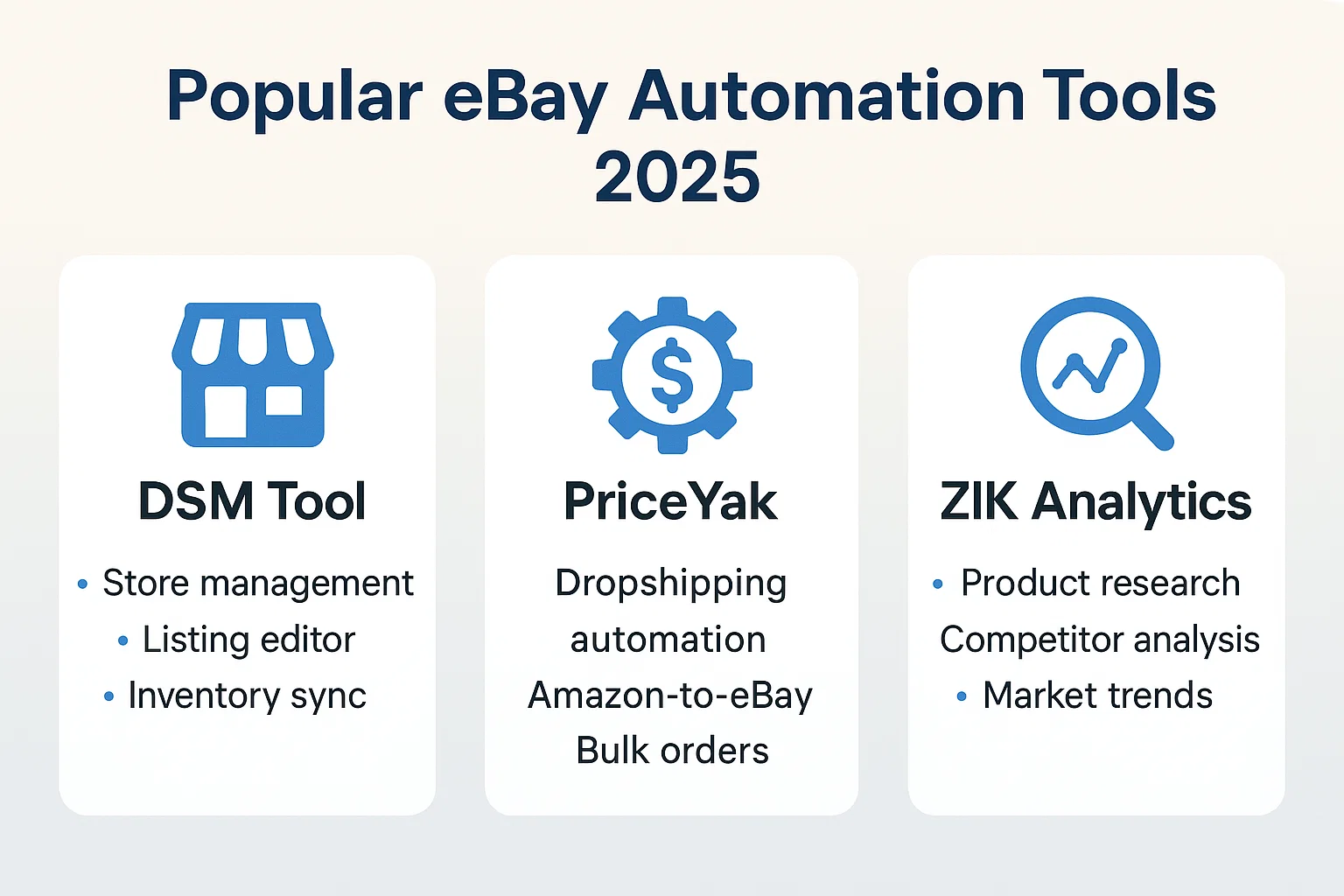 Comparison of top ebay automation tools including DSM Tool, PriceYak, and ZIK Analytics for store management and product research.