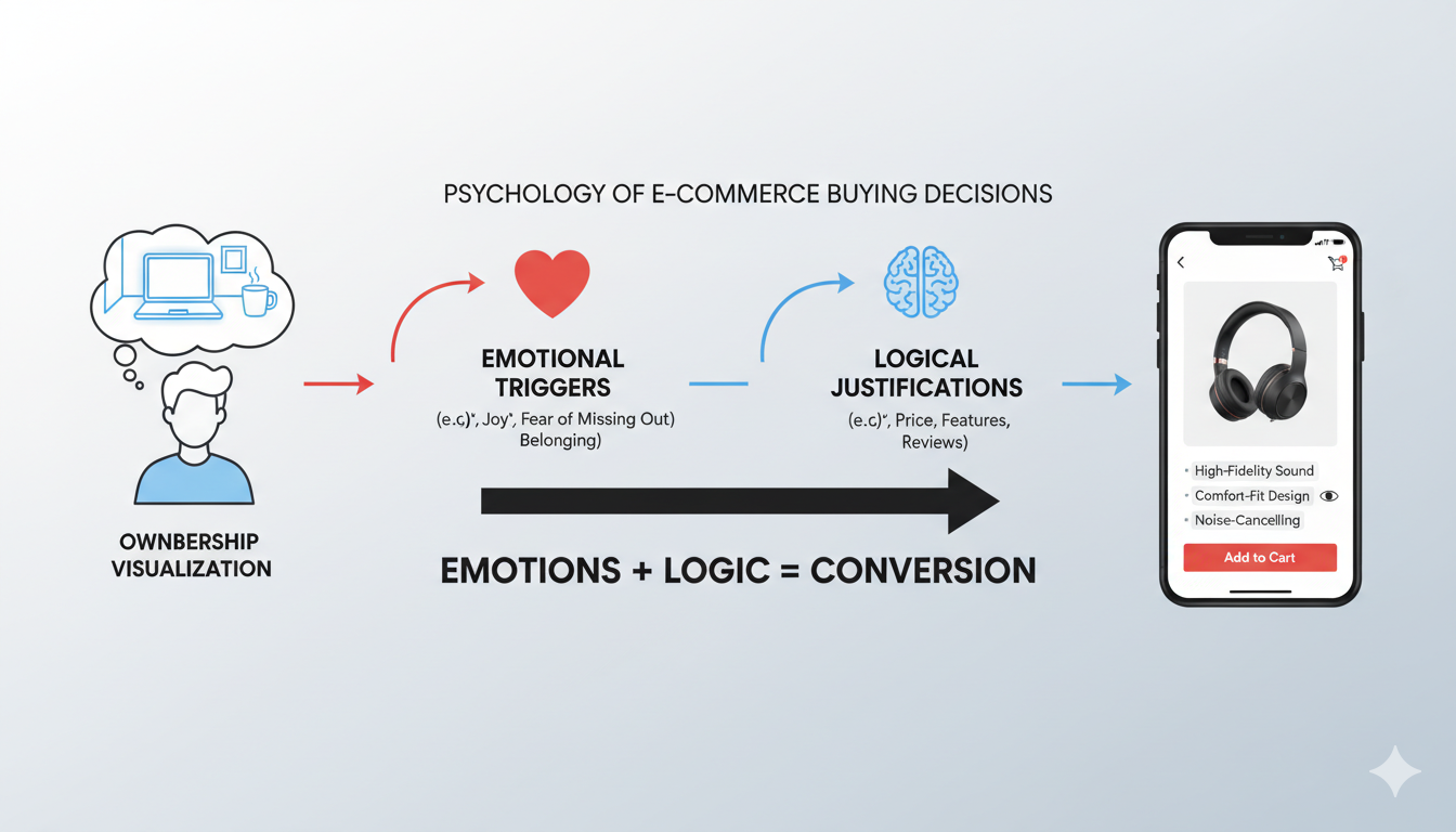 Psychology of e-commerce buying decisions showing how emotional triggers and logical justifications create product descriptions that sell.