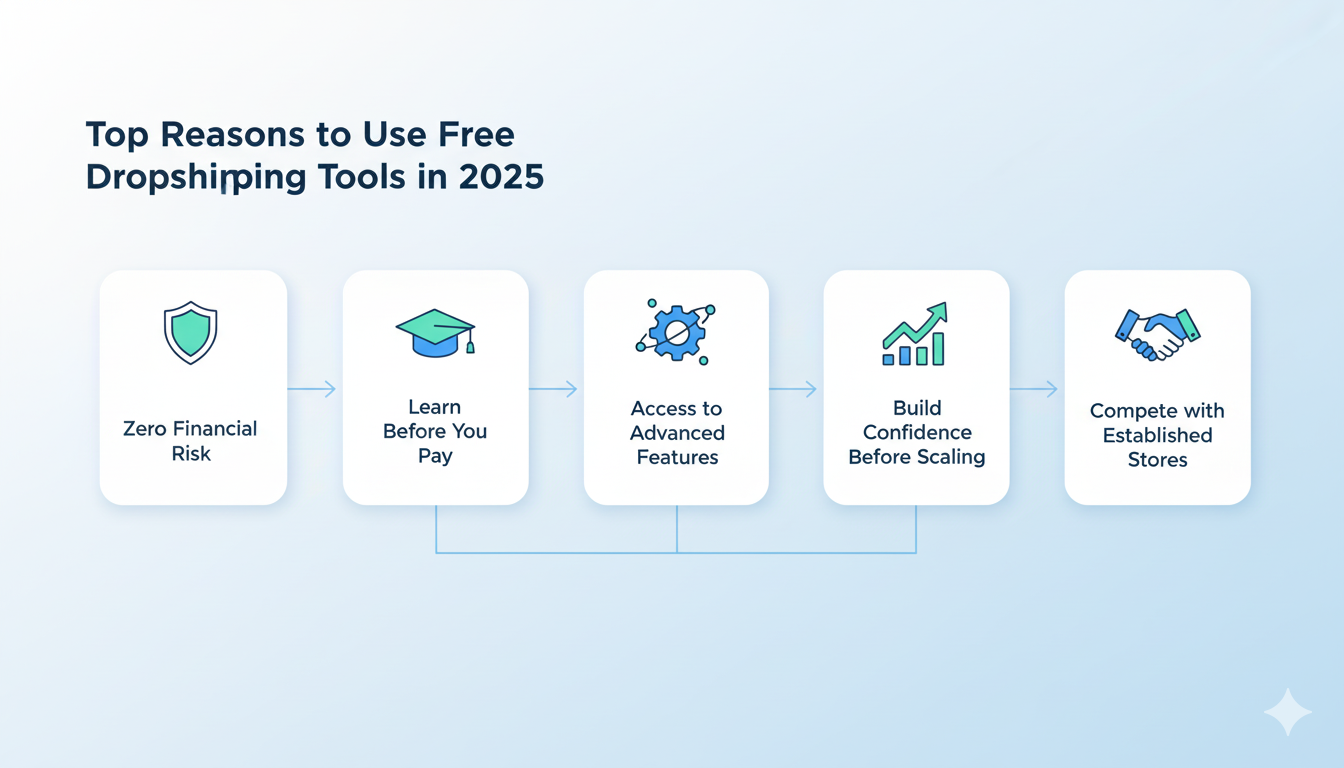  Flowchart showing top reasons to use the best free dropshipping tools for beginners, including zero financial risk and learning before paying.