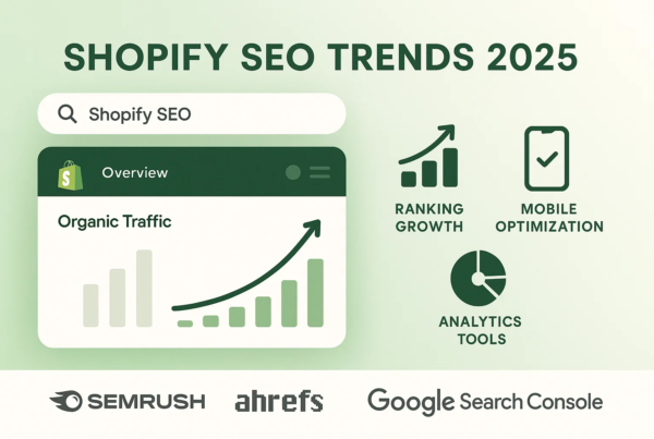 An overview of Shopify SEO Trends 2025 featuring a growth graph of organic traffic, ranking growth icons, and logos for SEMrush, Ahrefs, and Google Search Console.