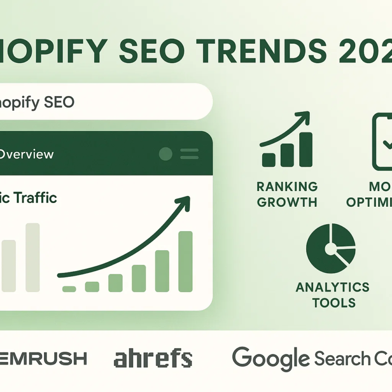 An overview of Shopify SEO Trends 2025 featuring a growth graph of organic traffic, ranking growth icons, and logos for SEMrush, Ahrefs, and Google Search Console.