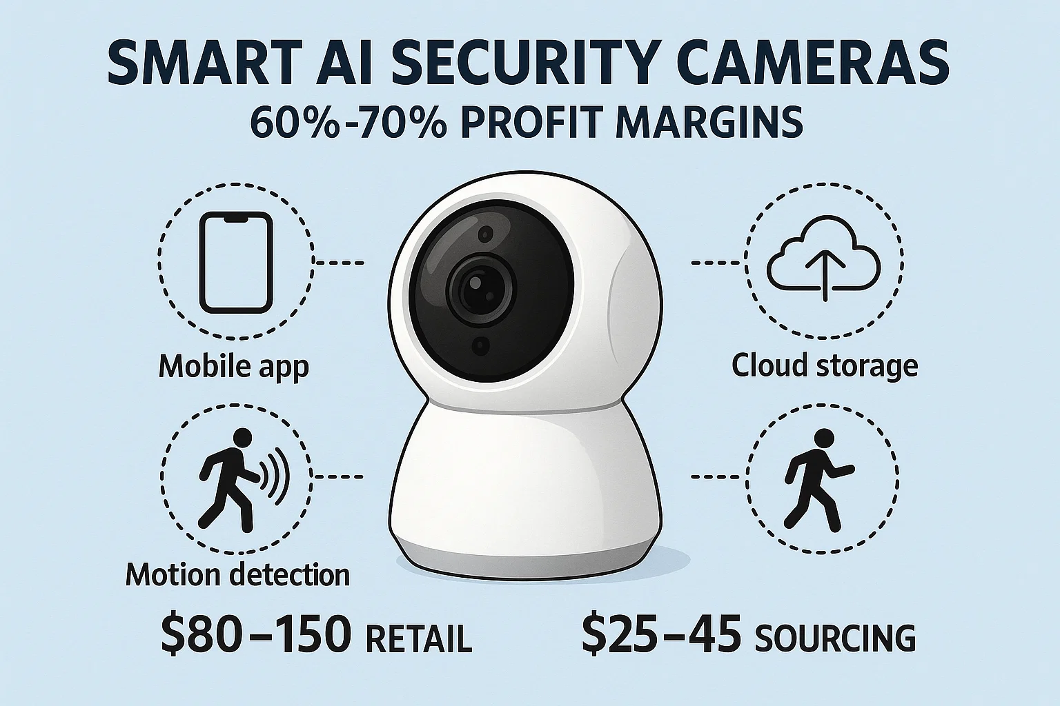 Infographic for smart AI security cameras showing 60-70% profit margins, retail price vs. sourcing cost, and features like motion detection and cloud storage.