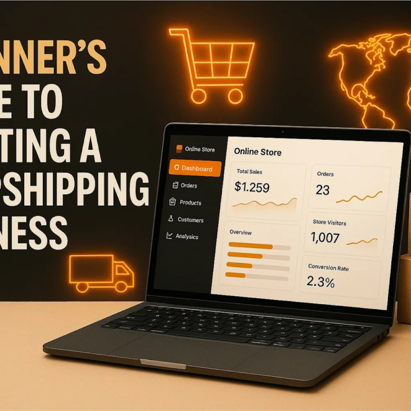 Laptop displaying an online store dashboard next to shipping boxes, representing a beginner's guide to starting a dropshipping business.