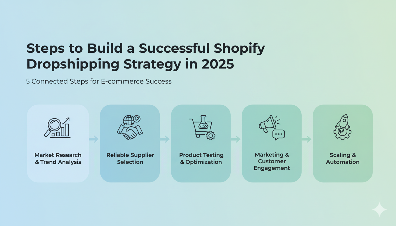 A five-step roadmap for a successful Shopify dropshipping strategy in 2025, including market research, supplier selection, and scaling.