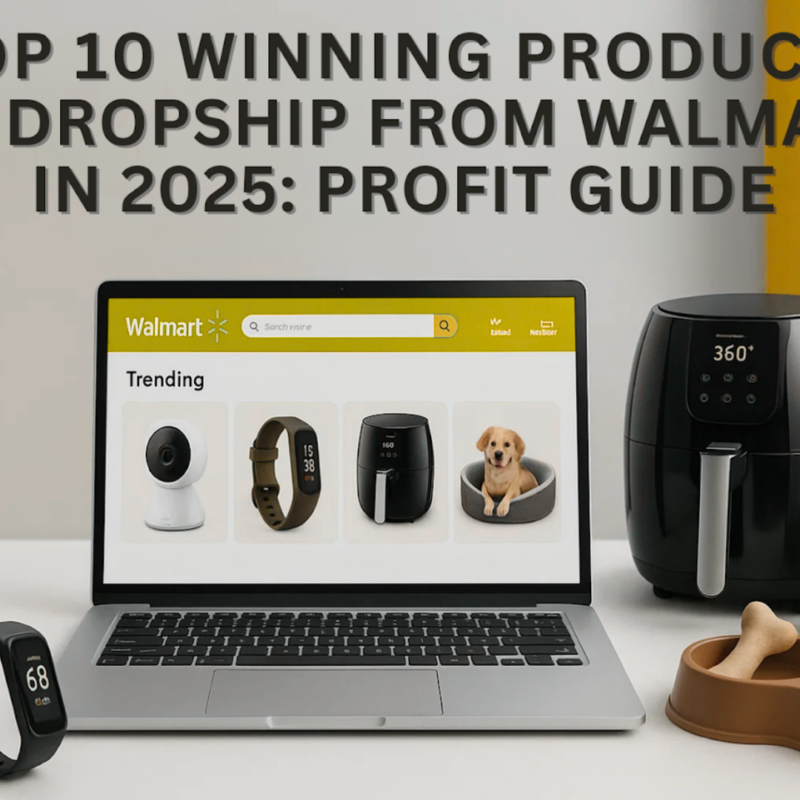 Guide to the top 10 winning walmart dropshipping products in 2025 displayed on a laptop with trending items like smartwatches and air fryers.