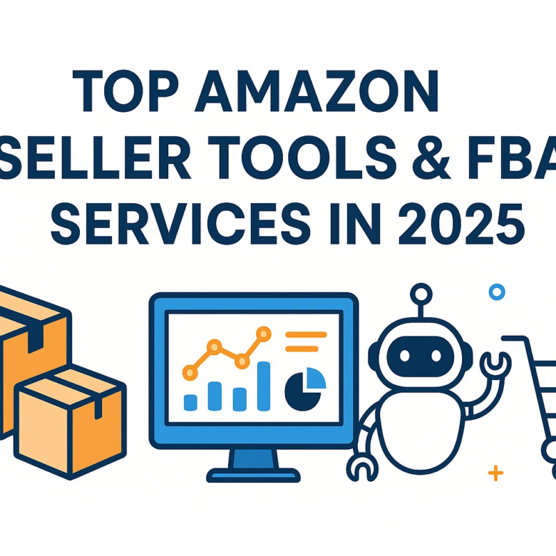 A title banner for Top Amazon Seller Tools and FBA Services in 2025, featuring icons for inventory, data analytics, and automation.