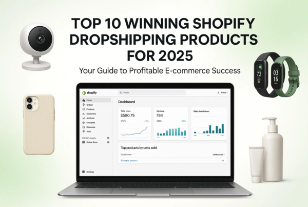 Guide to the top 10 winning Shopify dropshipping products for 2025, featuring a Shopify dashboard, smart security cameras, and eco-friendly accessories.