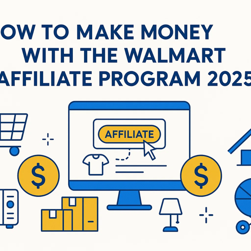 Illustration titled 'How to Make Money with the Walmart Affiliate Program 2025' showing a shopping cart, products, money, and a computer with an 'affiliate' button.