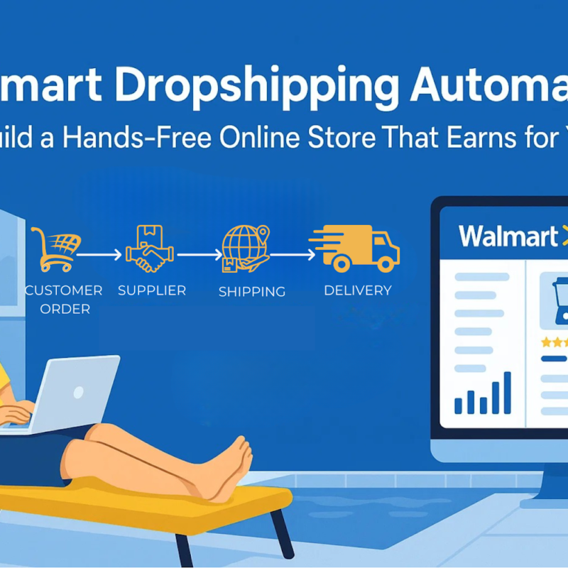 Illustration of a man relaxing by a pool with a laptop, beside a diagram showing Walmart dropshipping automation steps: customer order, supplier, shipping, delivery, and a Walmart online store interface.