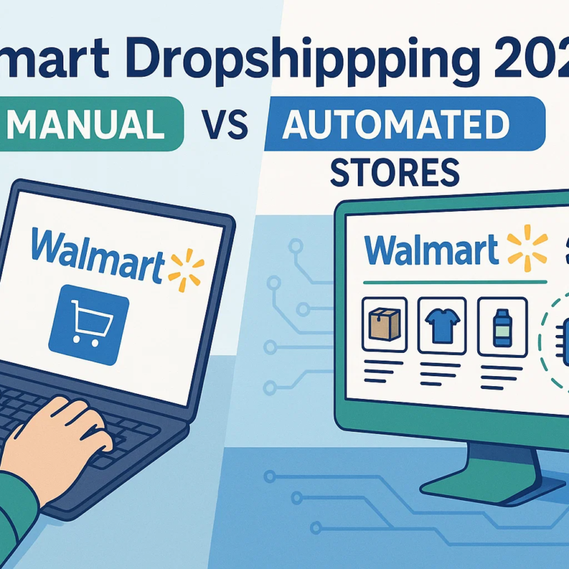 Visual representation of manual versus automated Walmart Dropshipping stores, contrasting hands-on laptop management with AI-driven automated systems.