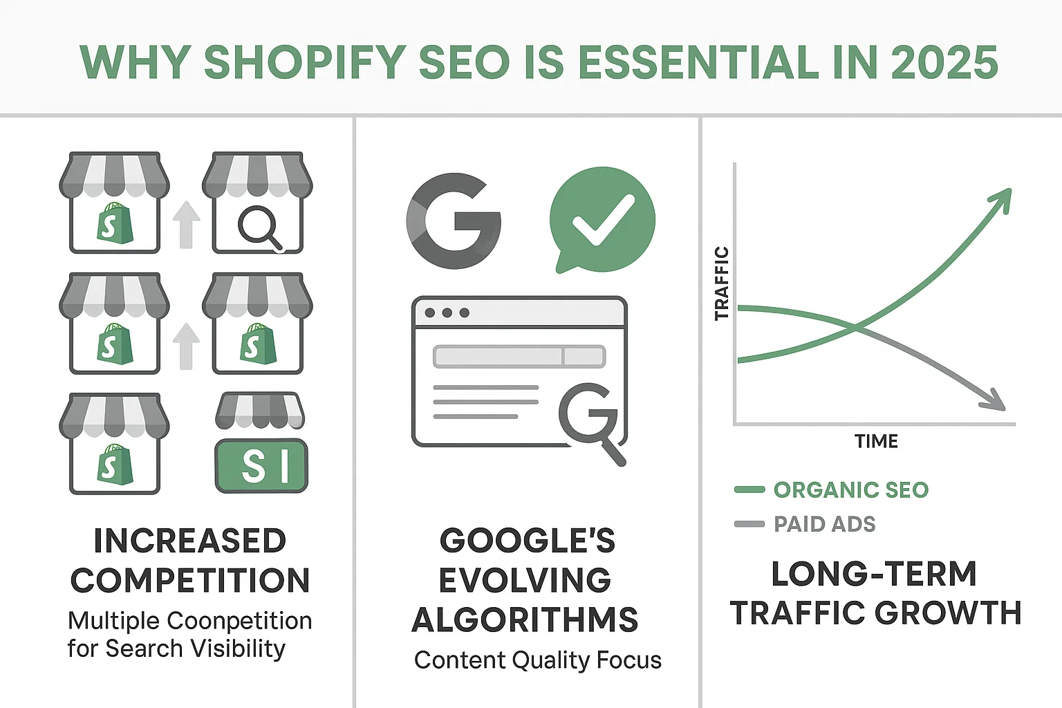 Infographic explaining why Shopify SEO is essential in 2025, highlighting increased competition, Google’s evolving algorithms for quality content, and long-term organic traffic growth vs. paid ads.