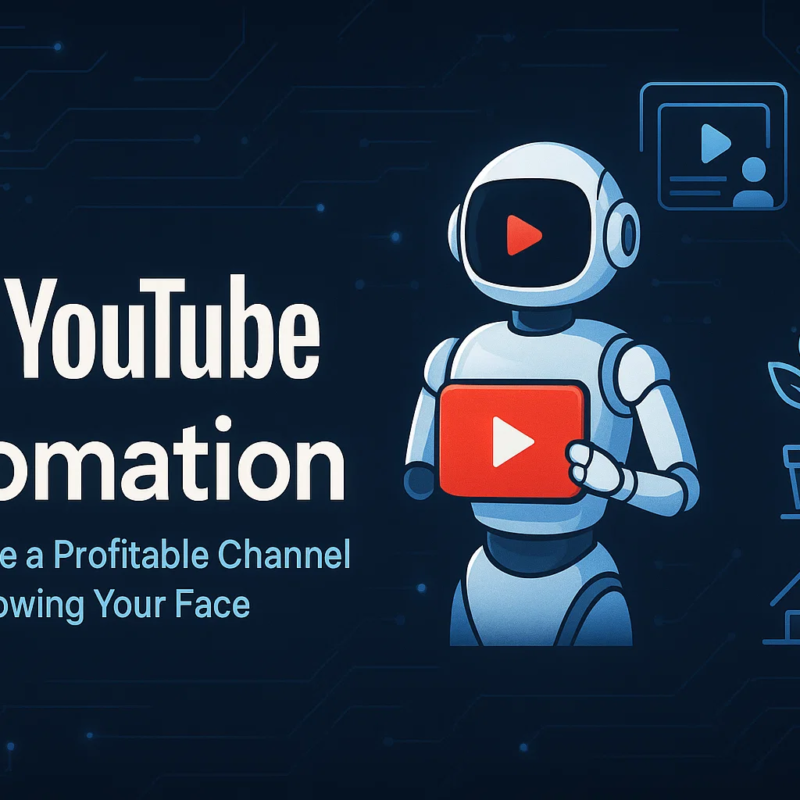 Graphic illustrating YouTube automation with a robot holding a play button, featuring text on how to start and scale a profitable channel without showing your face using AI.