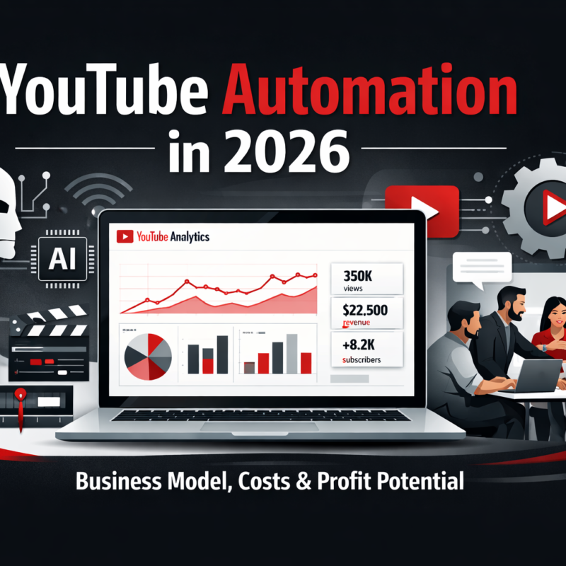 YouTube Automation in 2026 business model overview with analytics and AI visuals