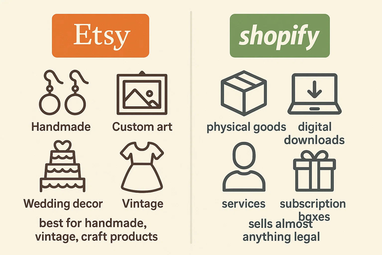 Comparison of product types best suited for Etsy and Shopify. Etsy is best for handmade, custom art, wedding decor, and vintage items. Shopify sells almost anything legal, including physical goods, digital downloads, services, and subscription boxes.