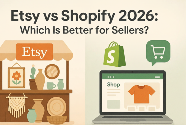 Title: Etsy vs Shopify 2025: Which Is Better for Sellers? Image shows an Etsy marketplace stall with handmade goods on the left and a laptop displaying a customizable Shopify online store on the right, representing the two e-commerce platforms.